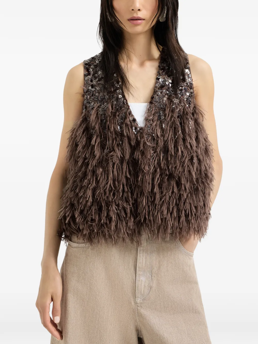  Brunello Cucinelli Sequin Fringed Vest - Brown 
