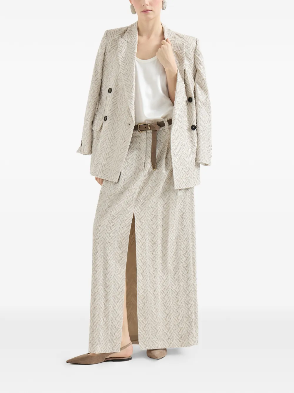  Brunello Cucinelli Dazzling Maxi Chevron Embroidery Blazer In Linen - Neutrals 
