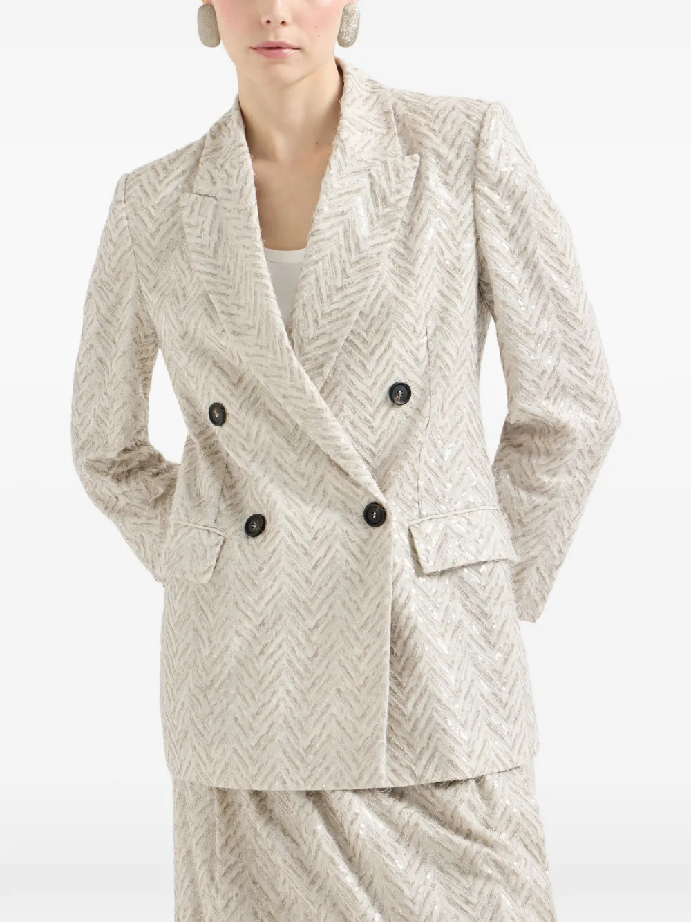  Brunello Cucinelli Dazzling Maxi Chevron Embroidery Blazer In Linen - Neutrals 