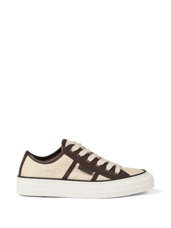 Brunello Cucinelli Techno Raffia Sneakers with Shiny Tab in Neutrals