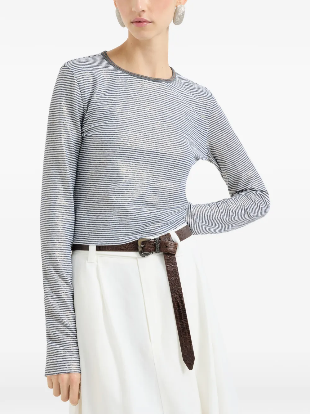  Brunello Cucinelli Striped-pattern Lamé Top - Blue 