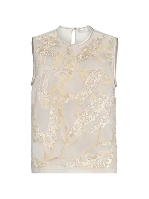 Brunello Cucinelli crispy silk top with dazzling seabed embroidery