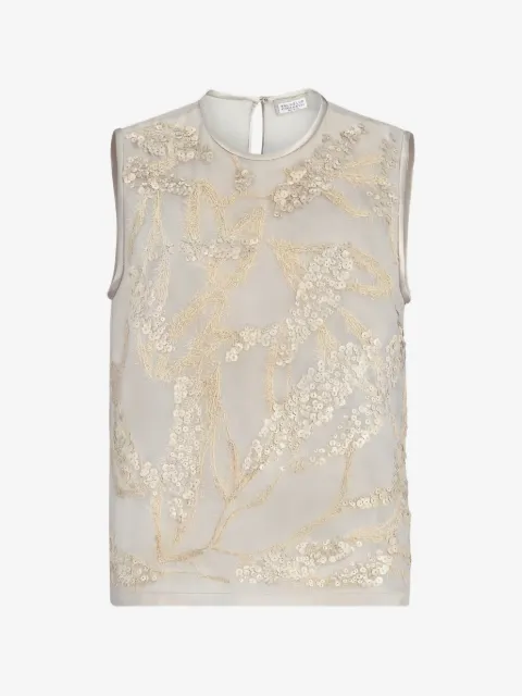 Brunello Cucinelli crispy silk top with dazzling seabed embroidery