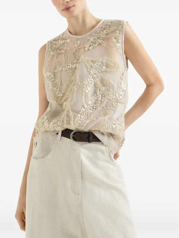 Brunello Cucinelli Crispy Silk Top With Dazzling Seabed Embroidery 
