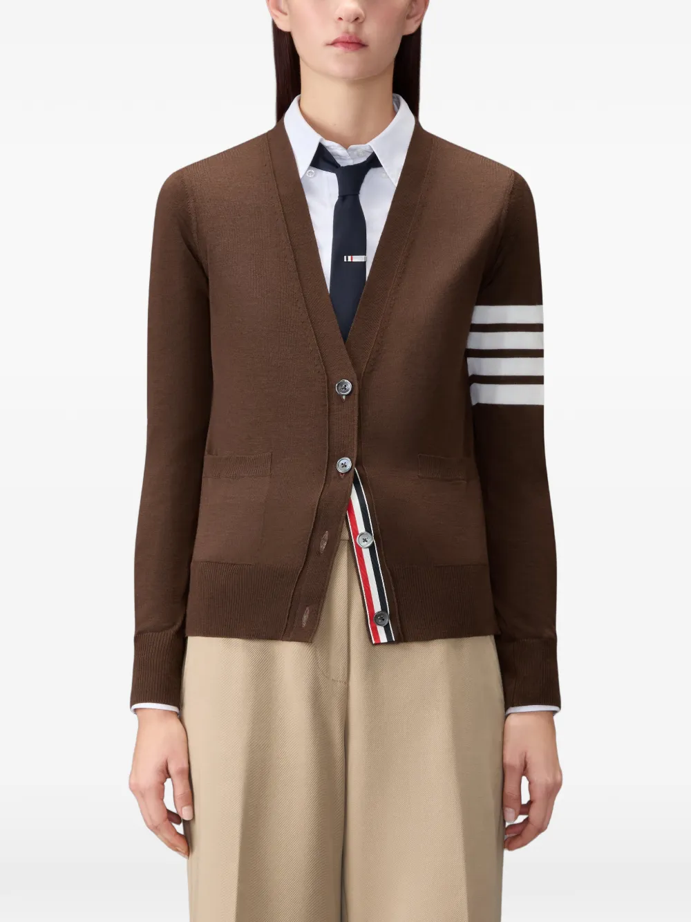 Thom Browne 4-Bar vest van merinowol met V-hals Bruin