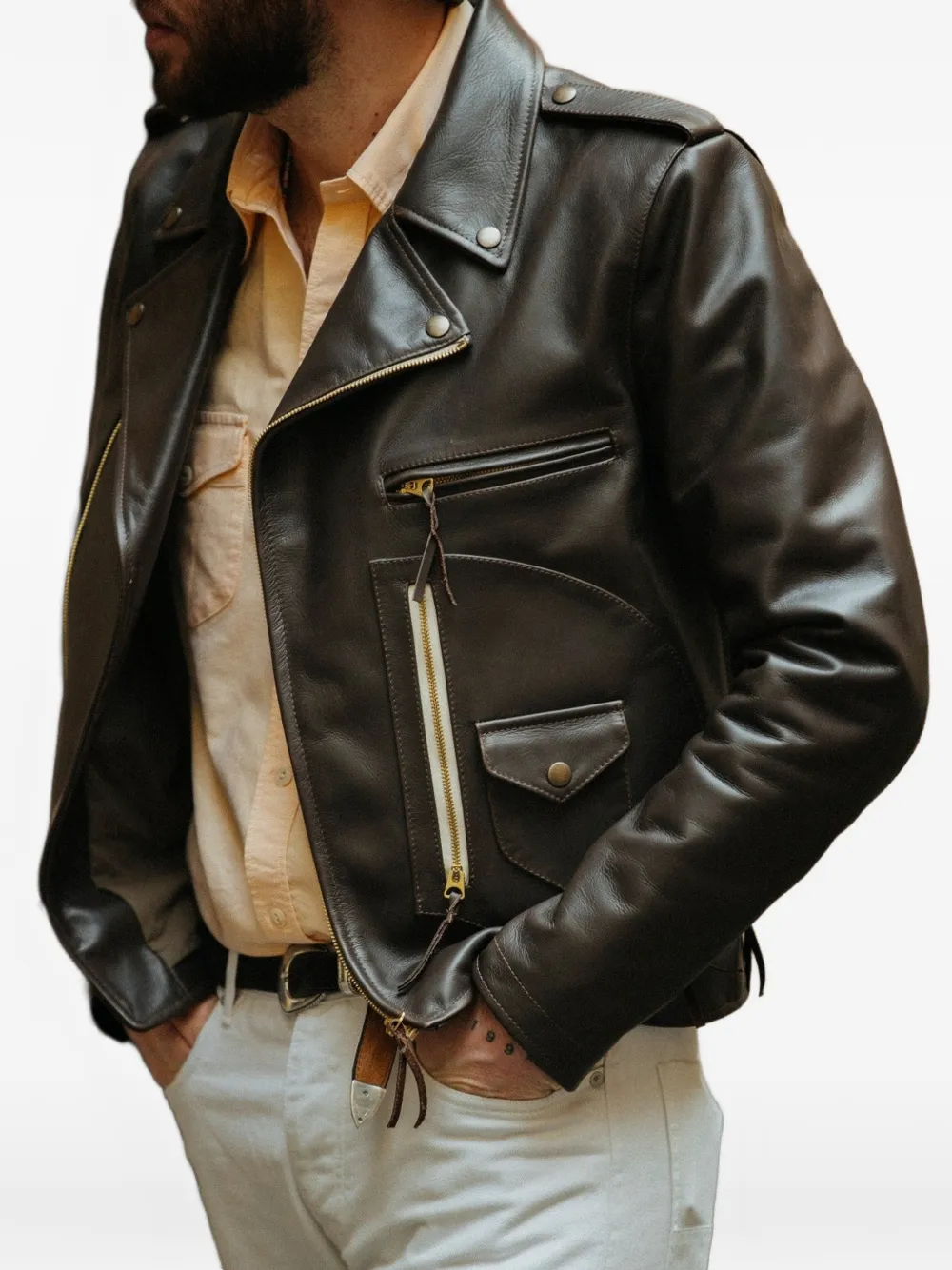 Fortela Leren jack met asymmetrische rits Bruin