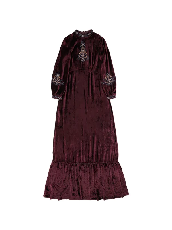 velvet embroidered maxi dress Embroidered Velvet Maxi Dress with Satin Belt