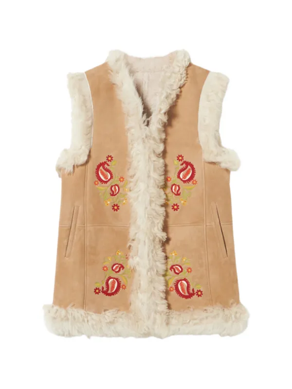Fortela Donna Floral-embroidery Shearling Vest in Neutrals