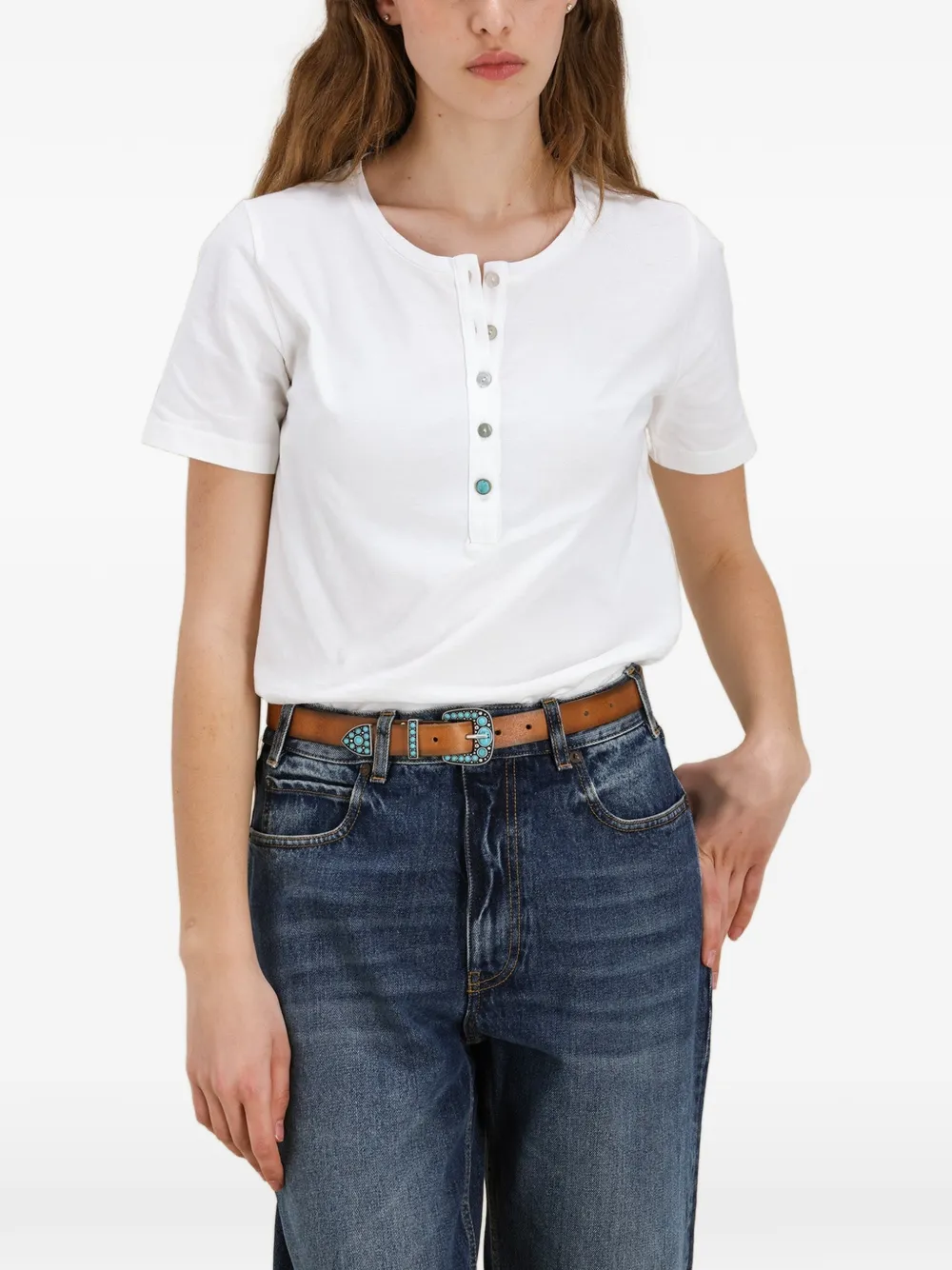 Fortela Coralie Mother-of-pearl Button T-shirt in White, view 4