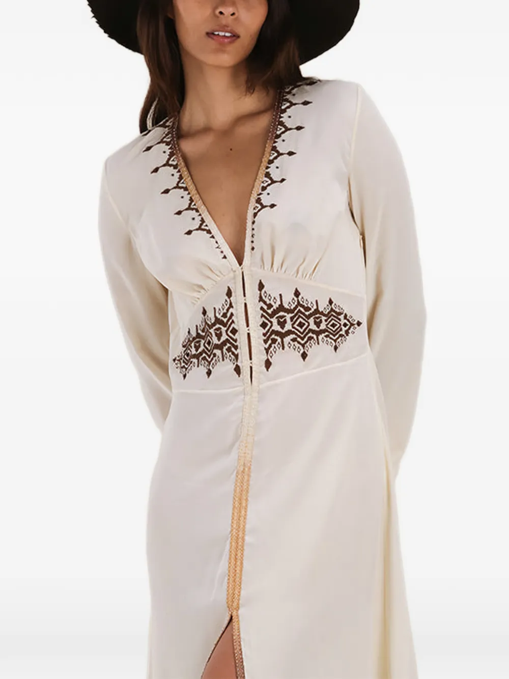 Fortela Wada Embroidered V-neck Midi Dress in Neutrals, view 4