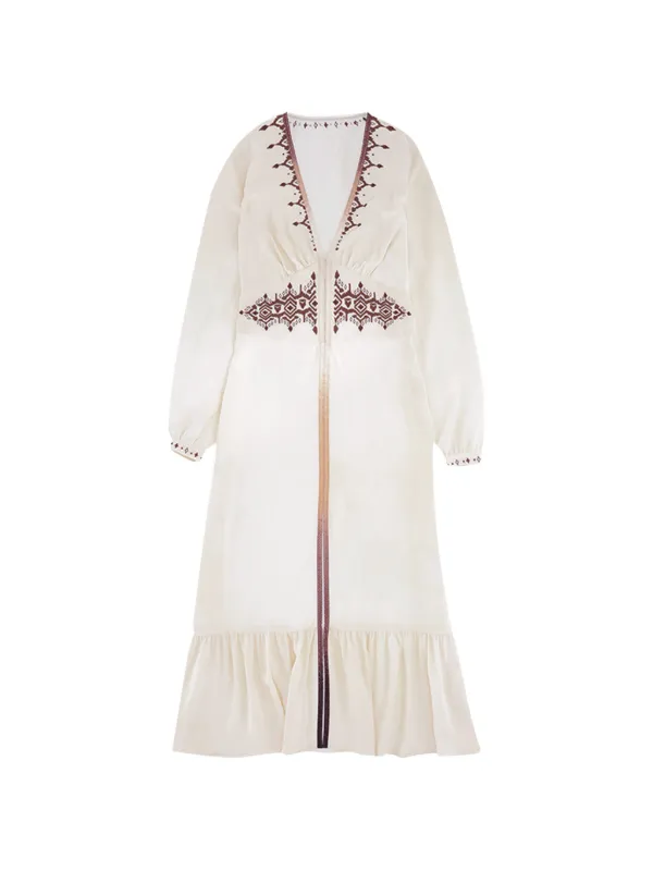 Fortela Wada Embroidered V-neck Midi Dress in Neutrals