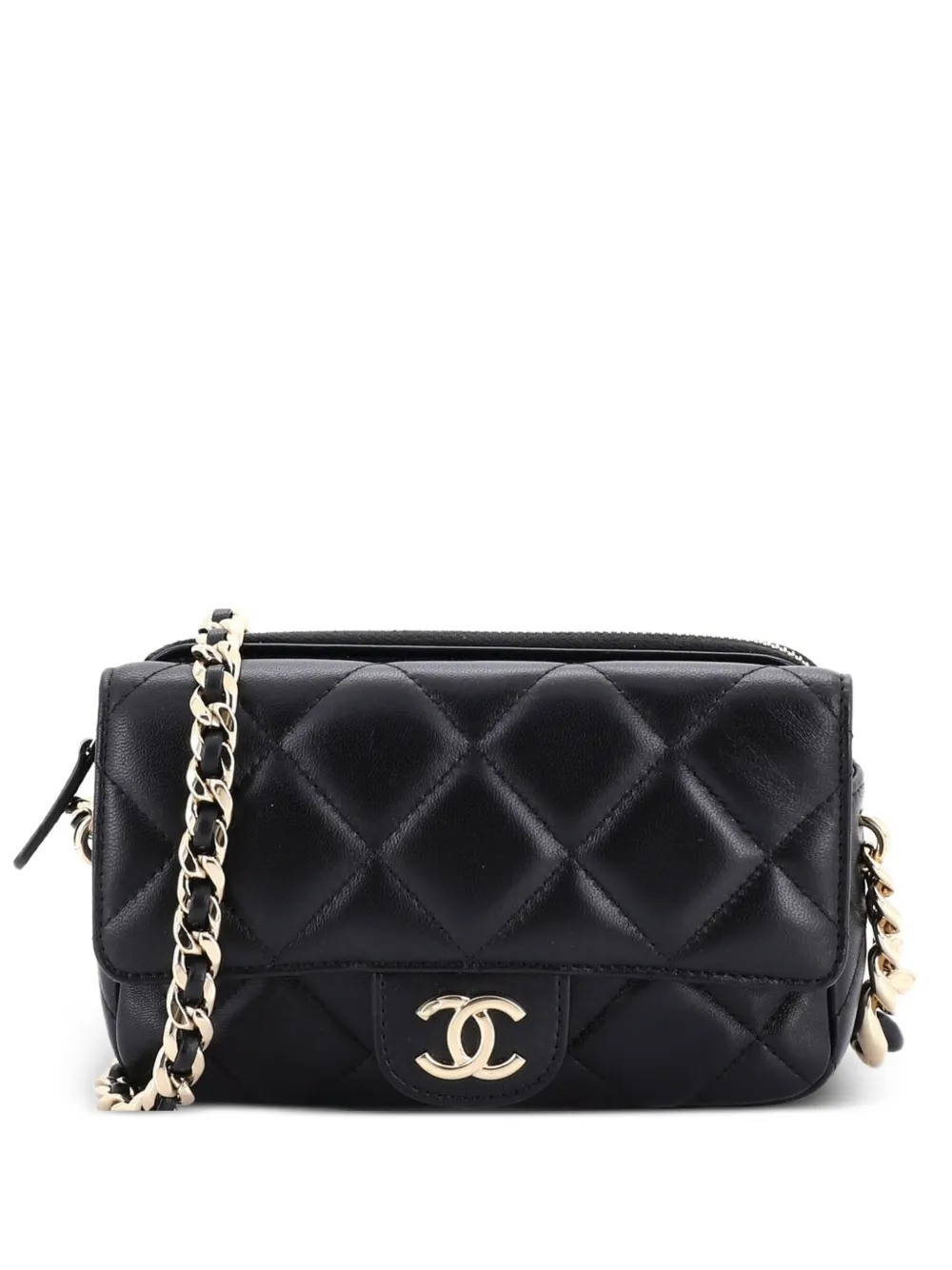 CHANEL Pre-Owned Resin Elegant Flap Phone Holder with Chain Quilted Lambskin crossbody bag - Nero