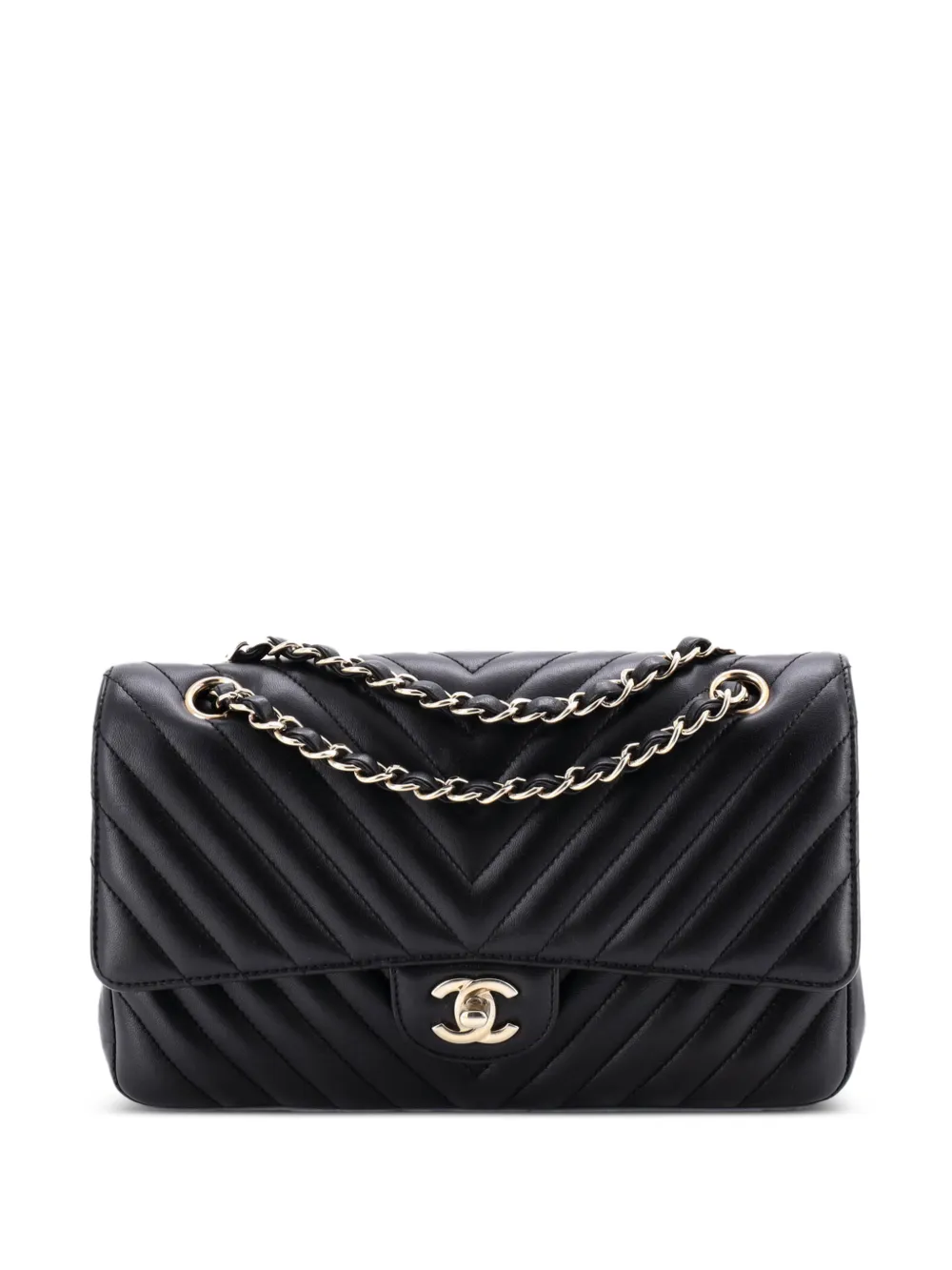 CHANEL Pre-Owned Borsa a spalla Classic Double Flap media in pelle di agnello con motivo chevron - Nero