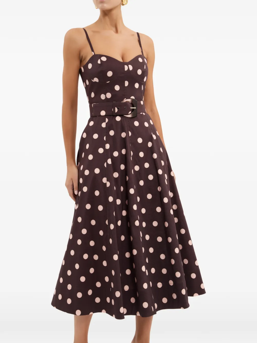 Rebecca Vallance Midi-jurk met stippen en ceintuur Bruin