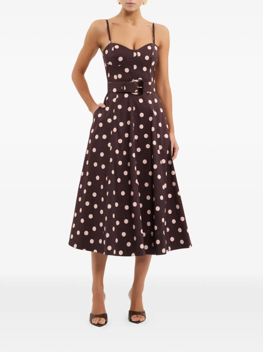 Rebecca Vallance Midi-jurk met stippen en ceintuur Bruin