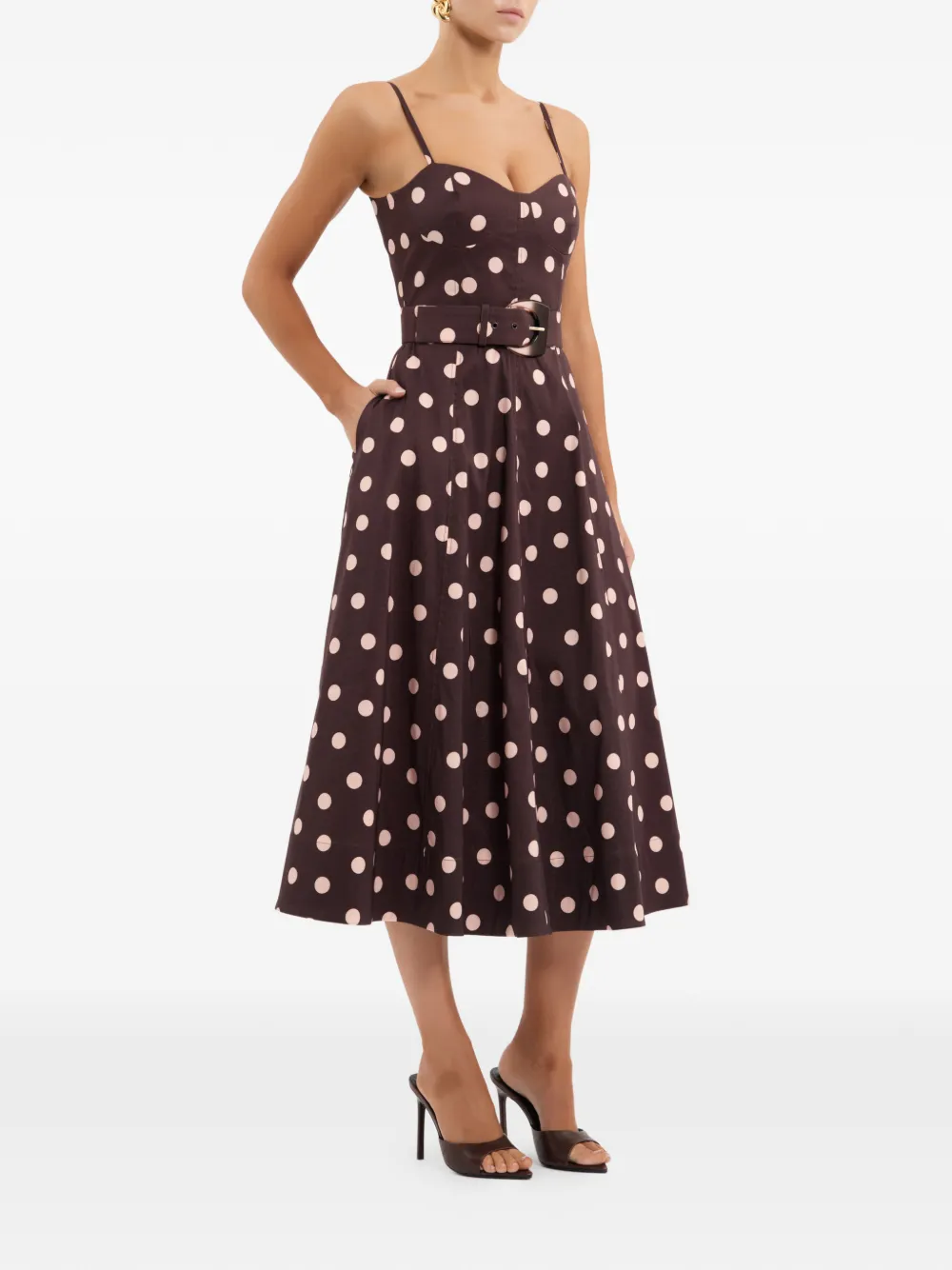 Rebecca Vallance Midi-jurk met stippen en ceintuur Bruin