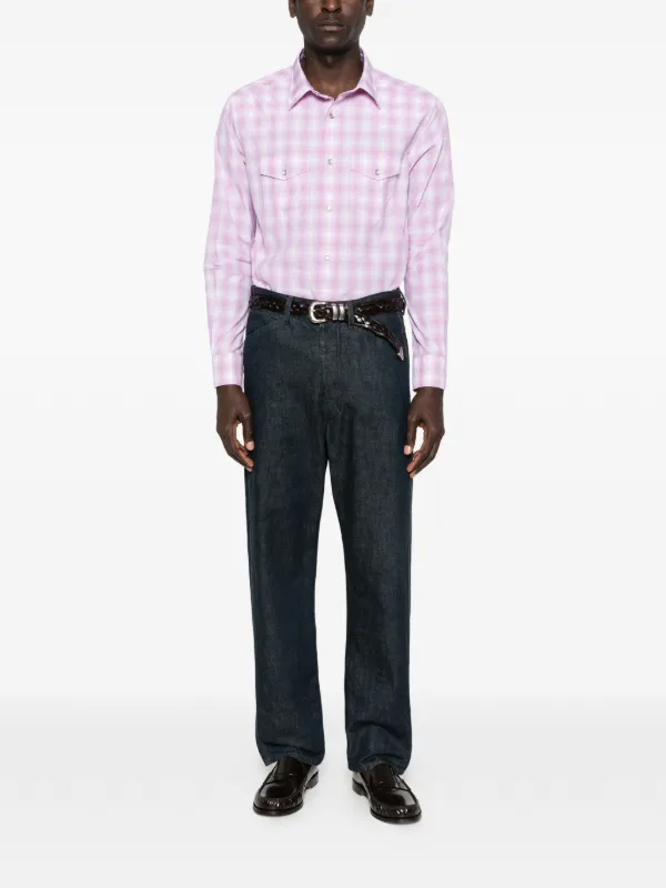 Chemise Tom Ford Rose Et Blanc à Carreaux - Taille L, Coton Extra Fin, Col Club Avec épingle, Poignets Mousquetaires
