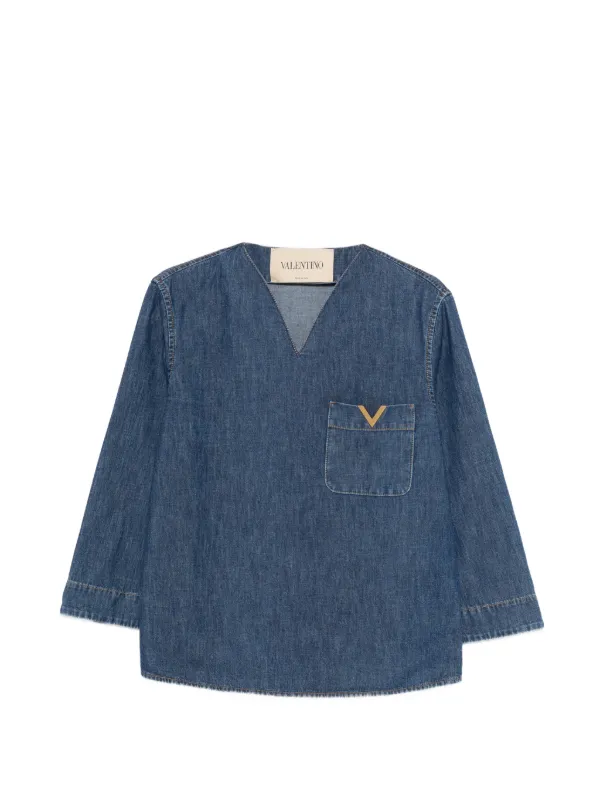 Valentino Garavani V-neck Logo-palque Blouse in Blue