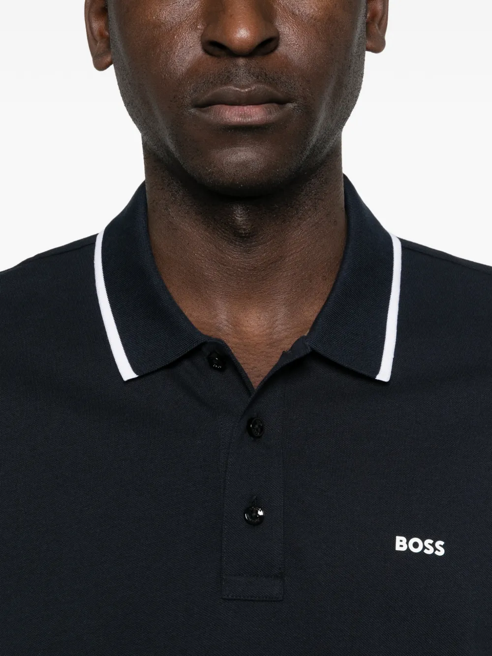 BOSS Katoenen-piqué poloshirt met contrasterende streep Blauw