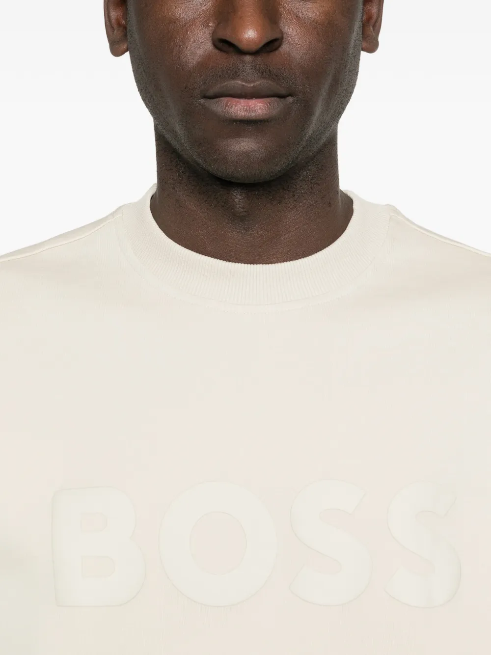 BOSS Sweater van stretch-katoen met tonaal logo Beige
