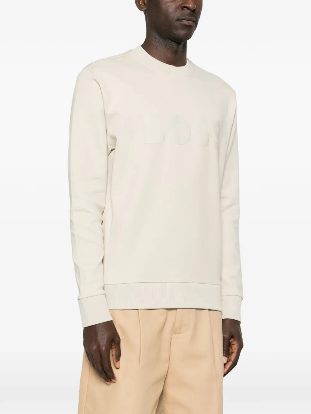 BOSS Sweater van stretch-katoen met tonaal logo Beige