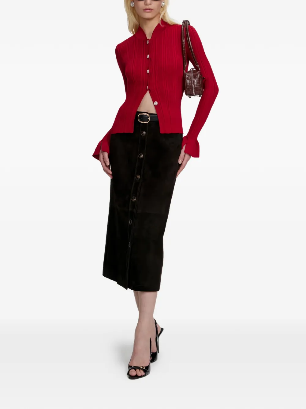 Self-Portrait ribbed button cardigan - Rosso