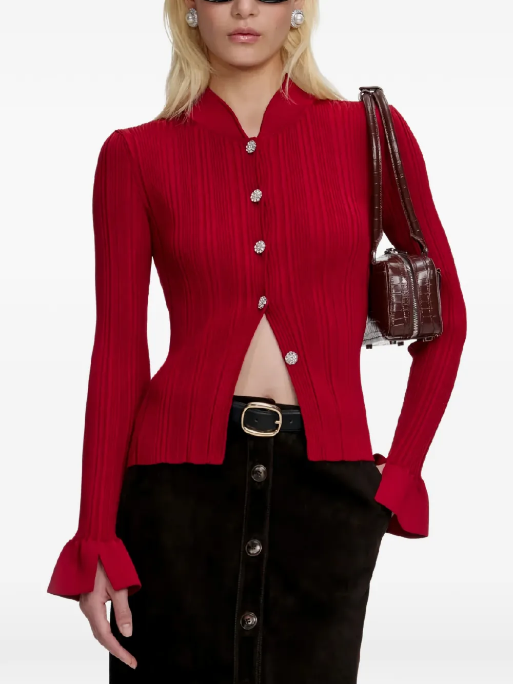  Self-portrait Ribbed Button Cardigan - Red 