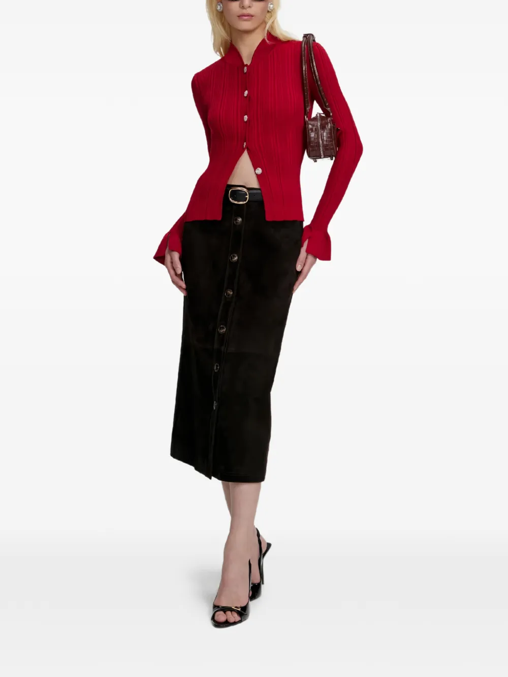 Self-Portrait ribbed button cardigan - Rosso