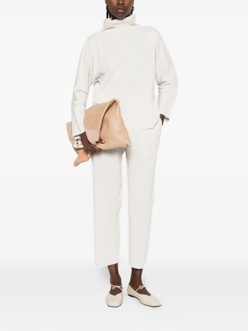  Pleats Please Issey Miyake A-poc Shell Pleated Mock-neck Top - Neutrals 