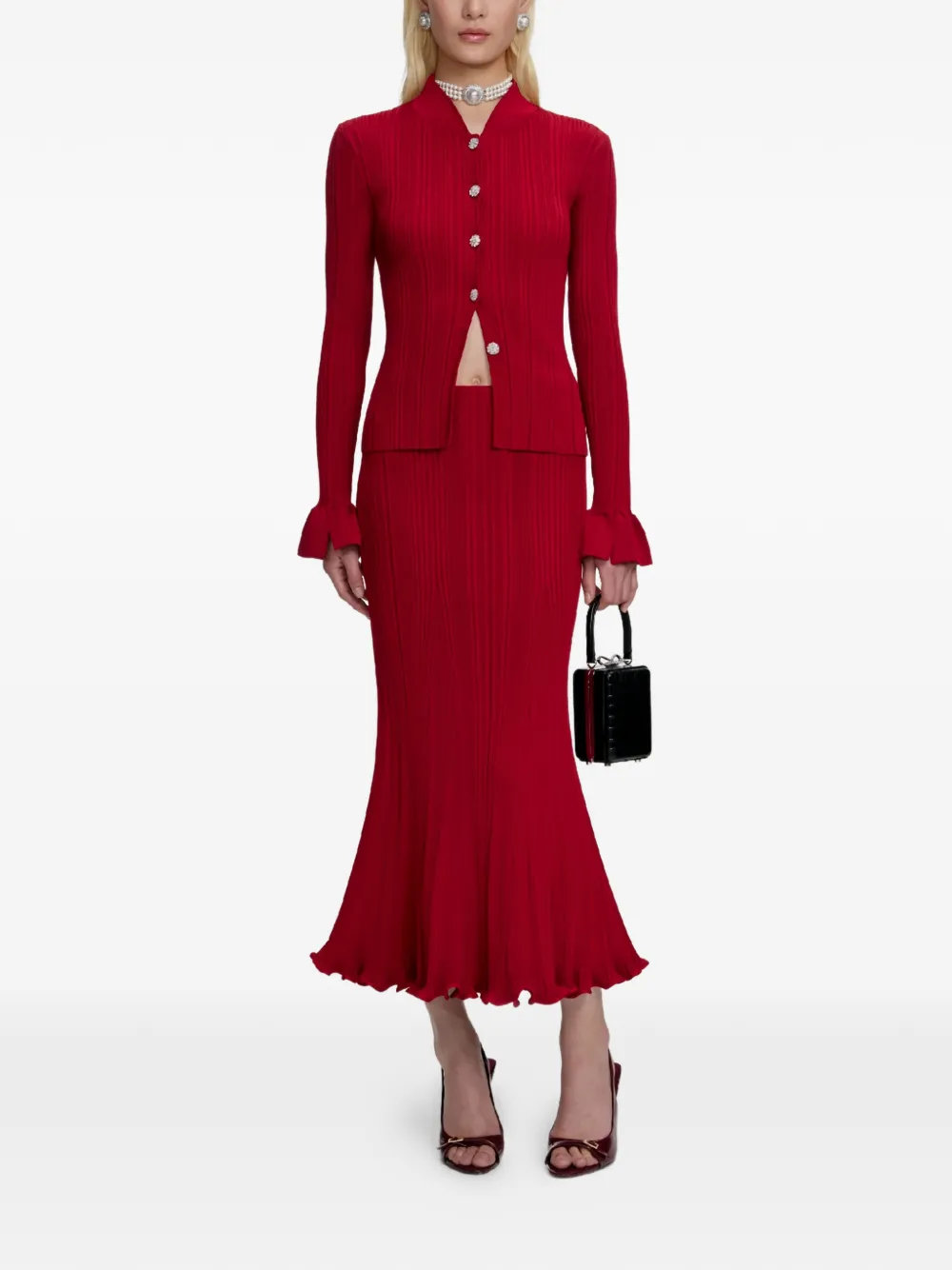 Self-Portrait ruffled midi skirt - Rosso