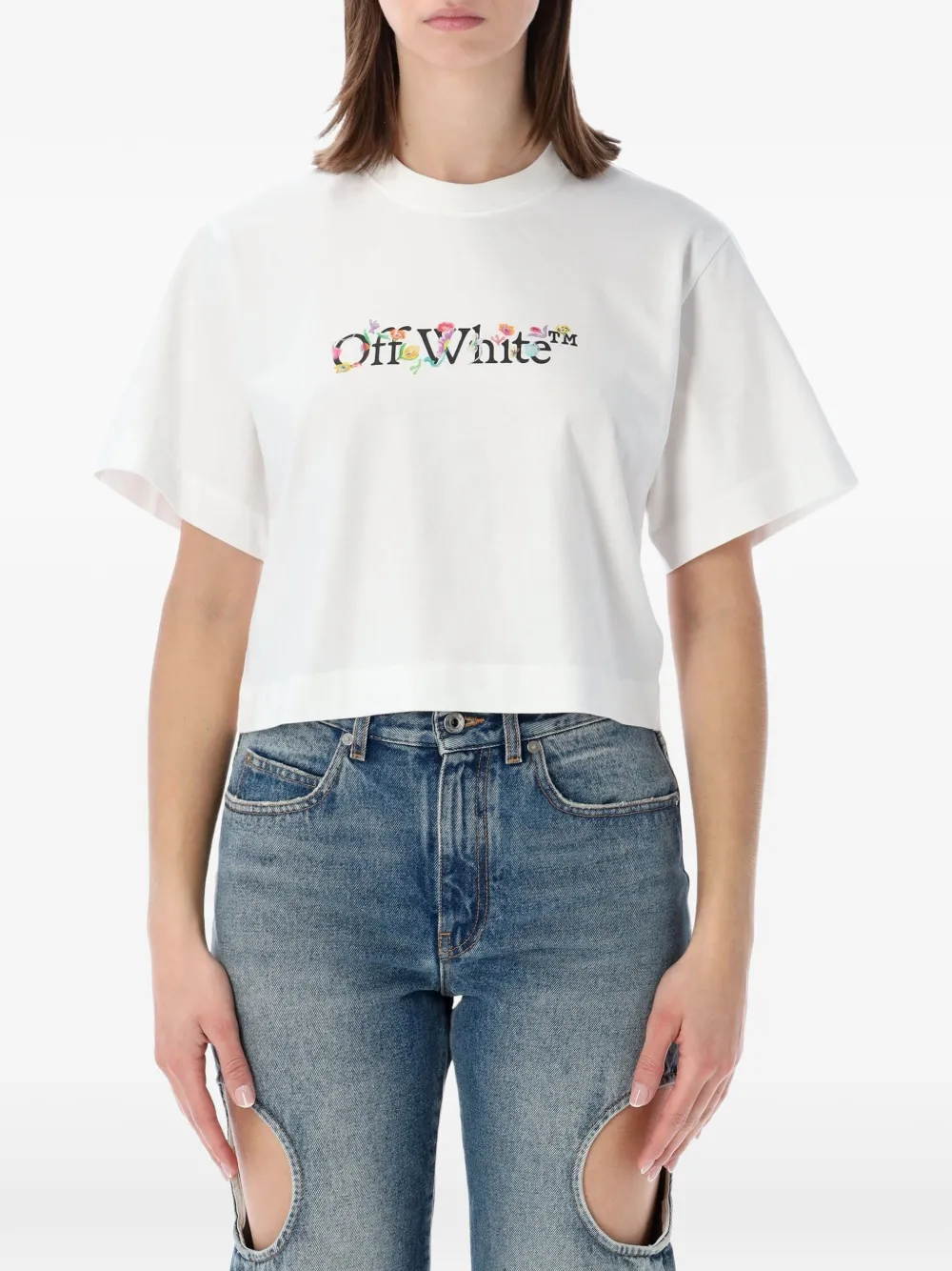 Off-White floral-print crop T-shirt - Bianco