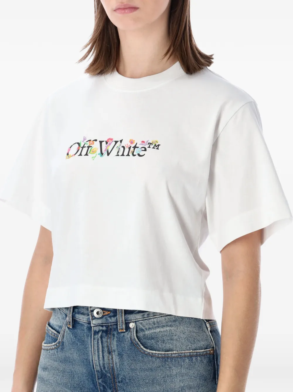 Off-White Cropped T-shirt met bloemenprint Wit