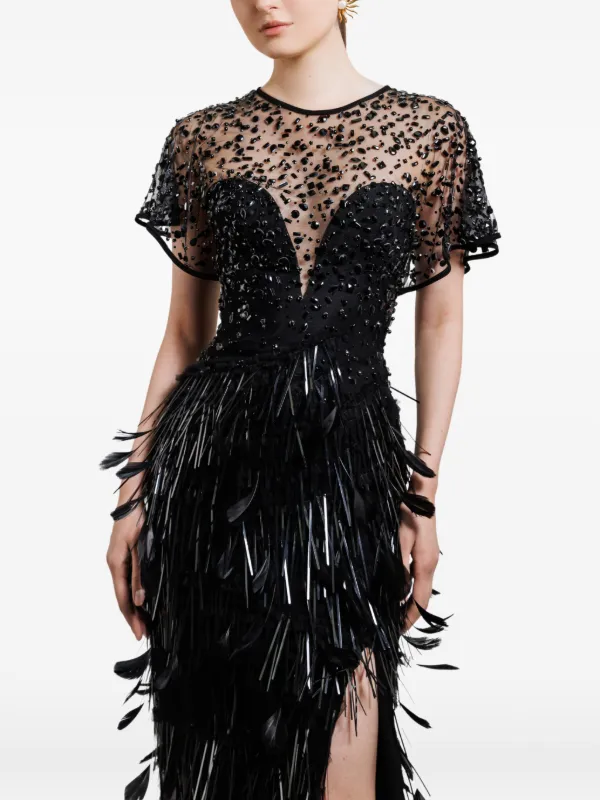 black feather corset dress Gemy Maalouf Beaded | Color:Midnight Navy Plaid Stretch Suit Black Maxi Dress - meta-related-collection-dresses Party dress Sky Blue