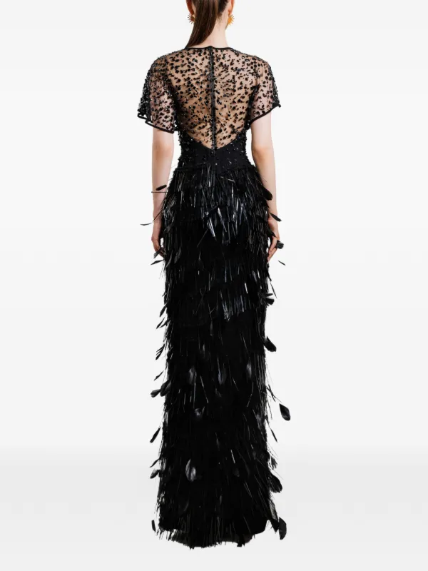 Gemy Maalouf Beaded Feather Corset Dress | Black