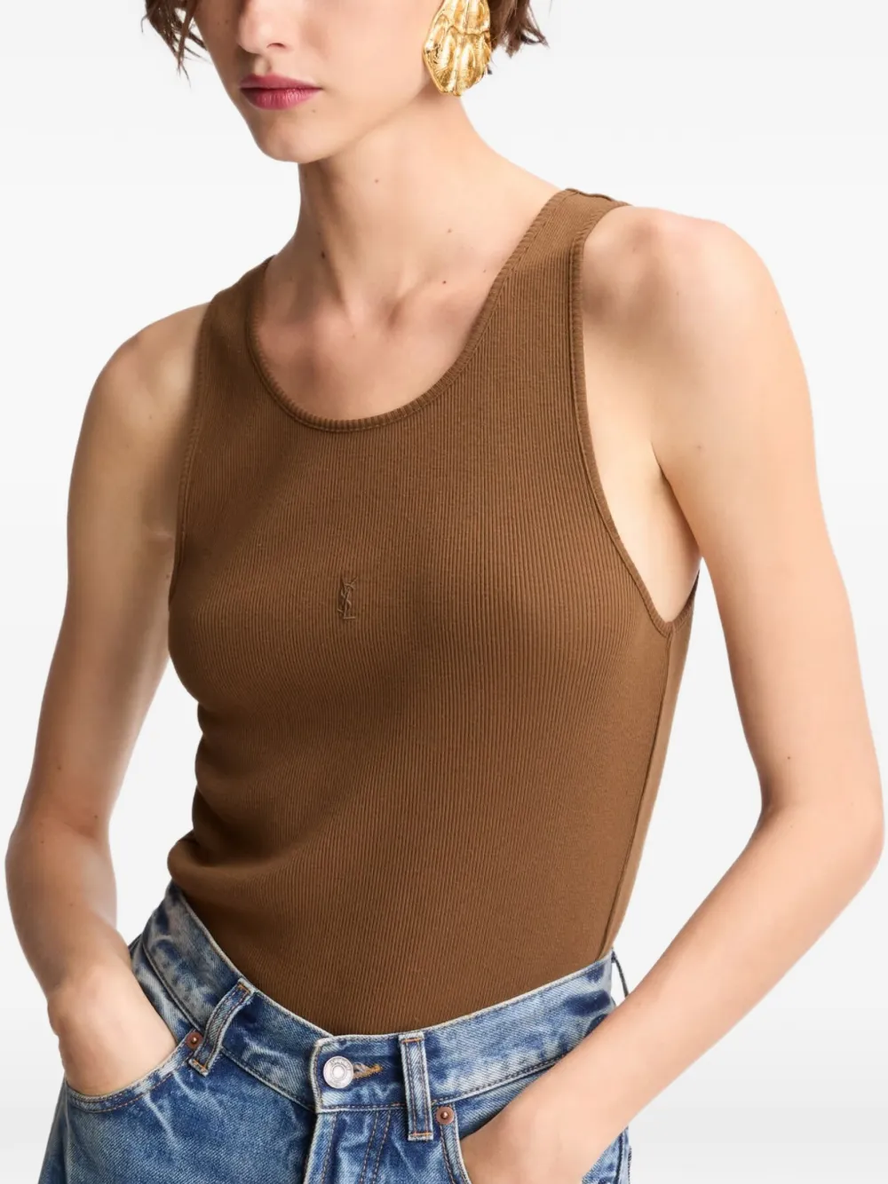 Saint Laurent Cassandre Tank Top in Ribbed Cotton Jersey in Brown, view 2