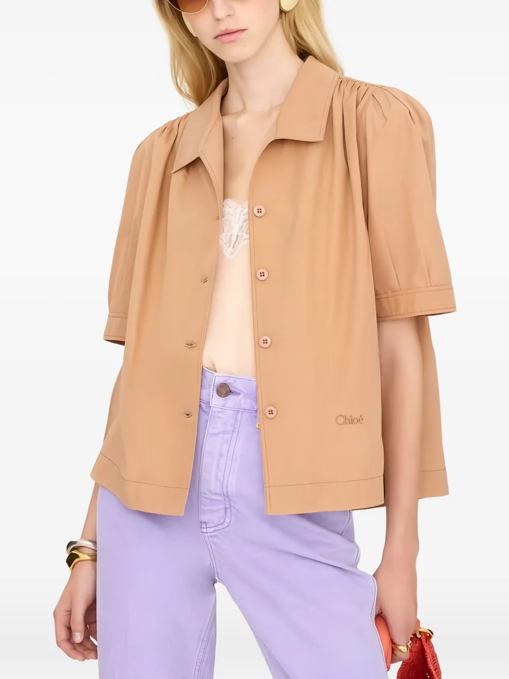  Chloé Logo-embroidered Gathered-sleeve Shirt - Marron 