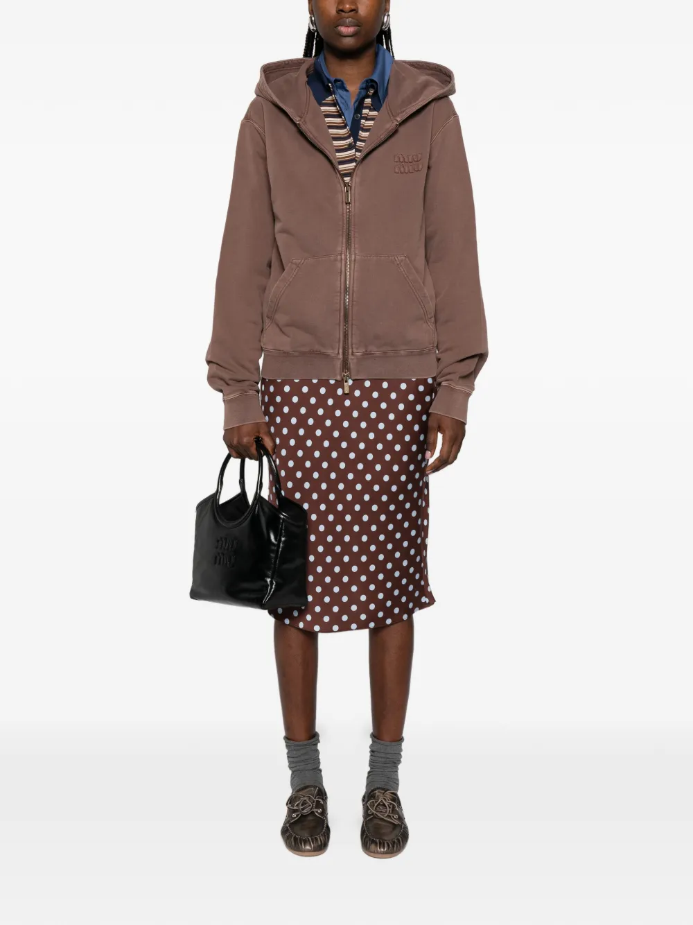  Miu Miu Embroidered Zip Hoodie - Brown 