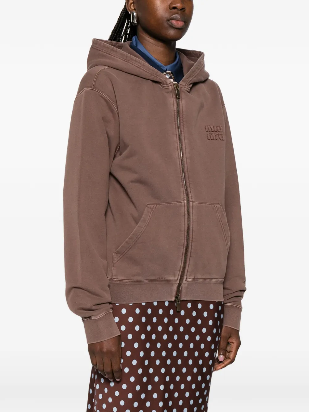  Miu Miu Embroidered Zip Hoodie - Brown 