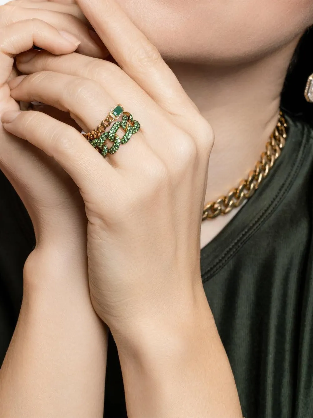 SHAY emerald rectangle link ring - Oro
