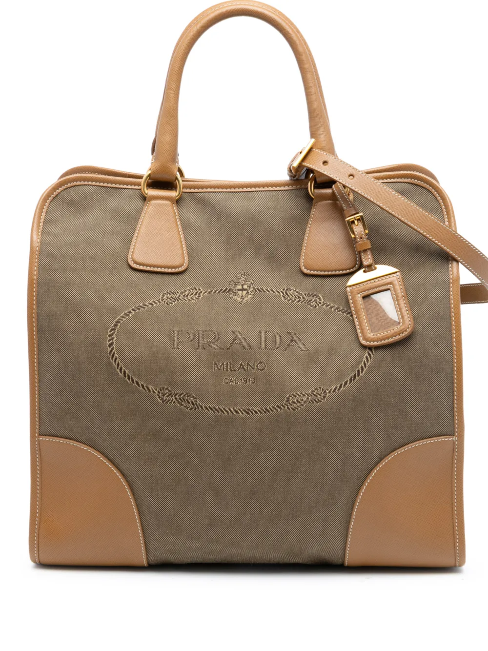 Pre-owned Prada 2000-2025 Saffiano Trimmed Canvas Canapa Logo Satchel In Brown