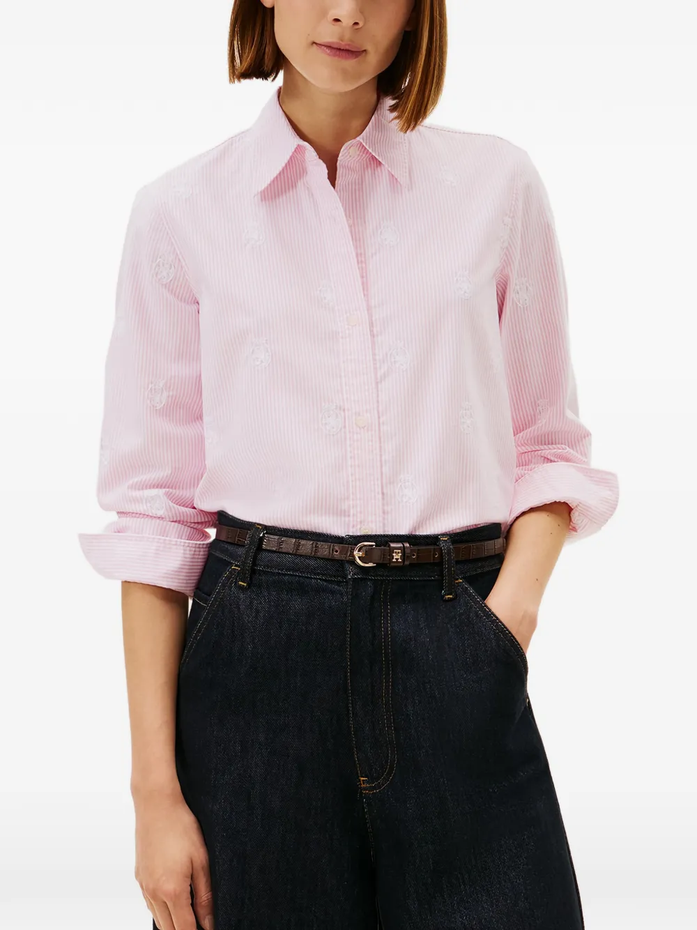 striped-pattern logo-embroidered shirt