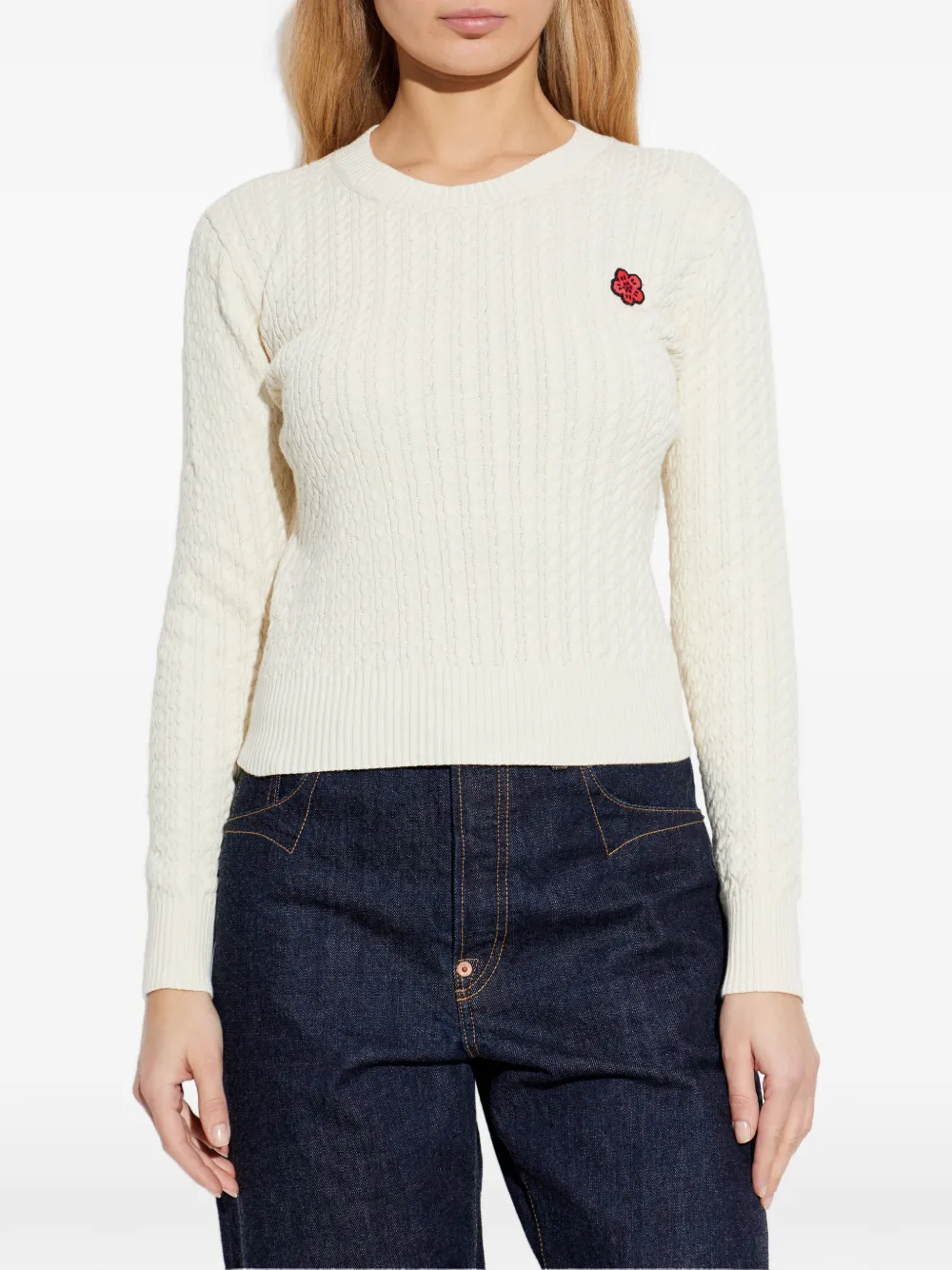  Kenzo Cable-knit Flower-patch Sweater - Neutrals 