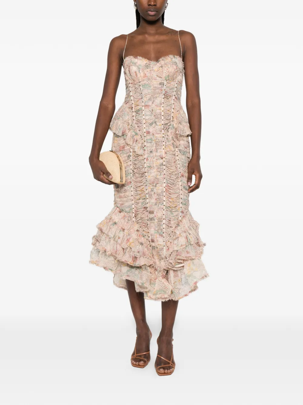 ZIMMERMANN Rebellion midi-jurk met ruches Beige