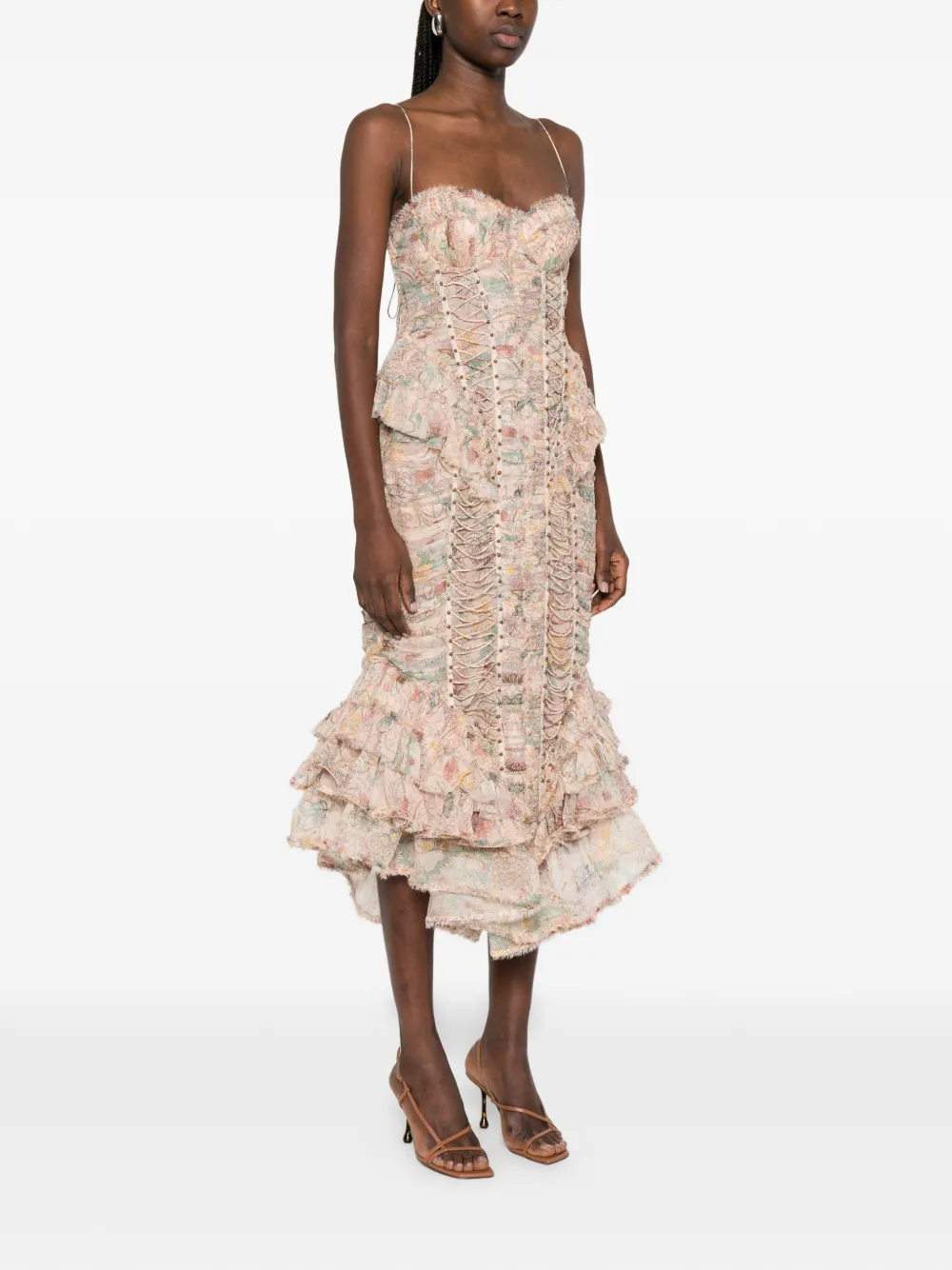 ZIMMERMANN Rebellion midi-jurk met ruches Beige
