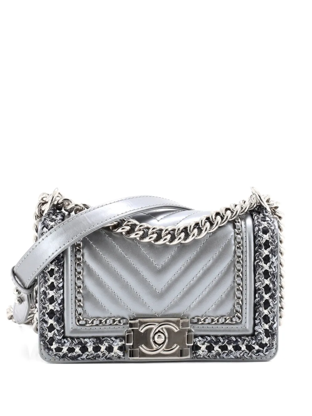 CHANEL Pre-Owned Jacket Boy Flap Bag Chevron Calfskin with Tweed Small shoulder bag - Argento