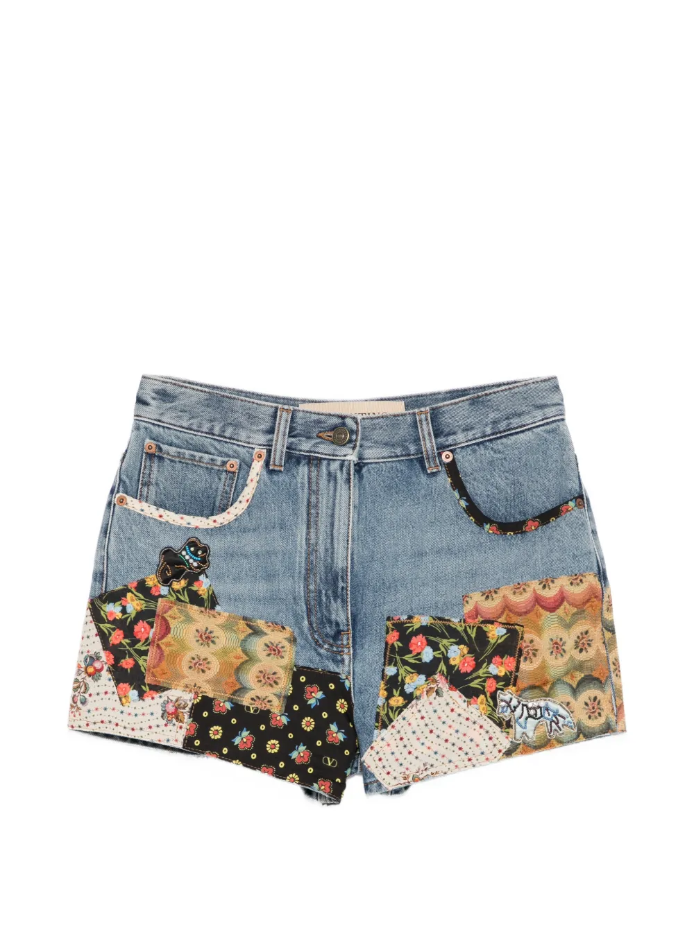 Valentino Garavani patchwork beaded-appliqué denim shorts - Blu