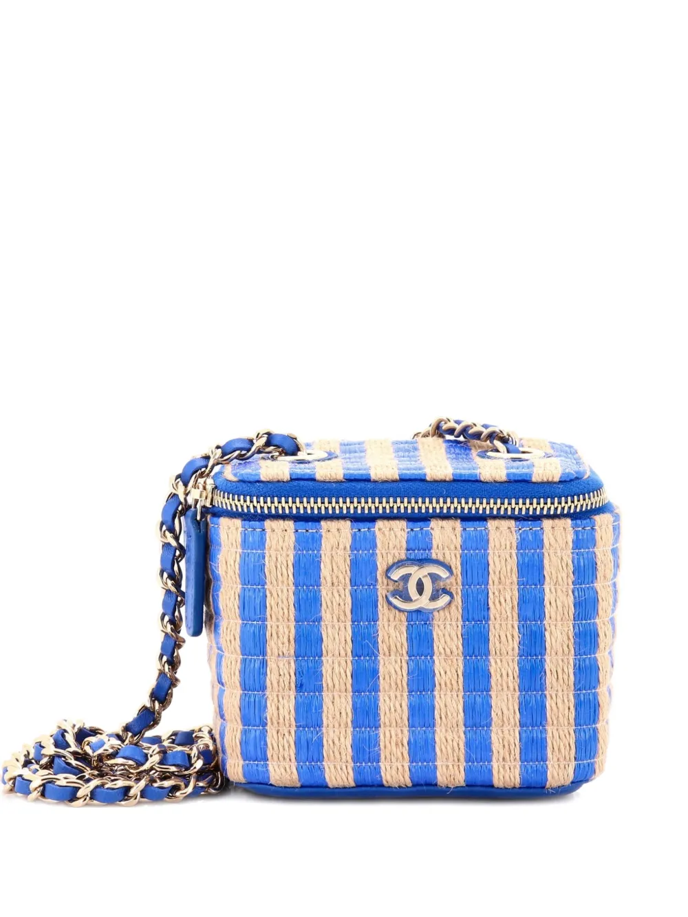 CHANEL Pre-Owned Classic Vanity Case with Chain Striped Raffia and Jute Mini crossbody bag - Blu