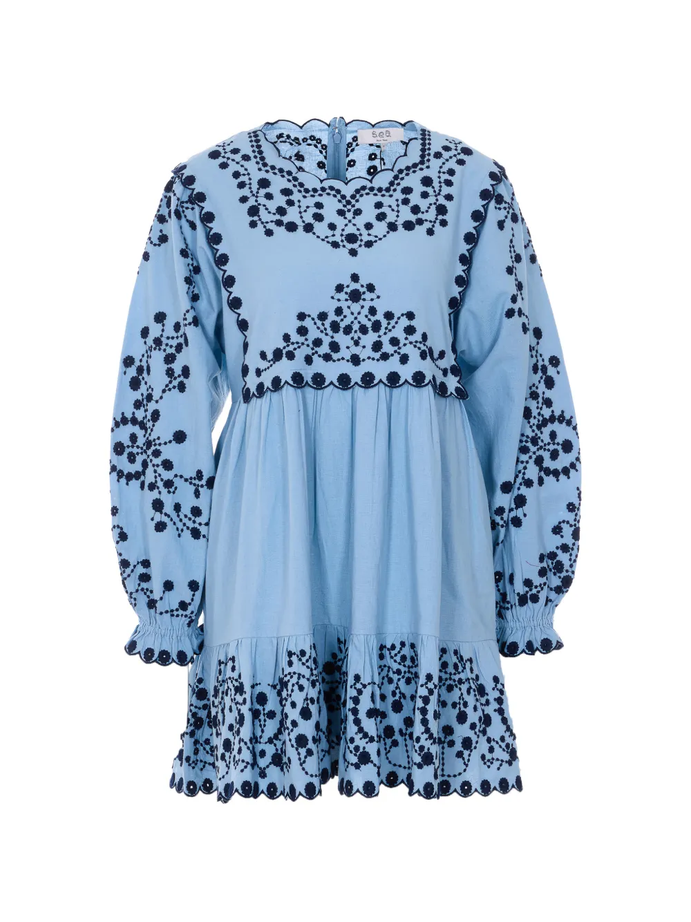 Sea embroidered long-sleeve mini dress - Blu