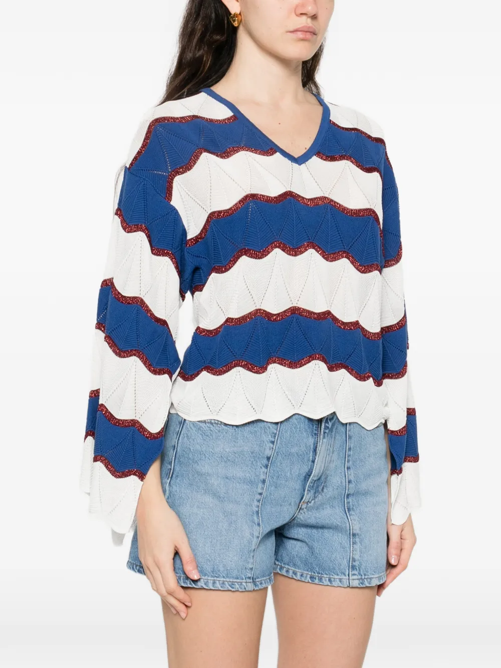  La Doublej Wave-pattern V-neck Sweater - White 