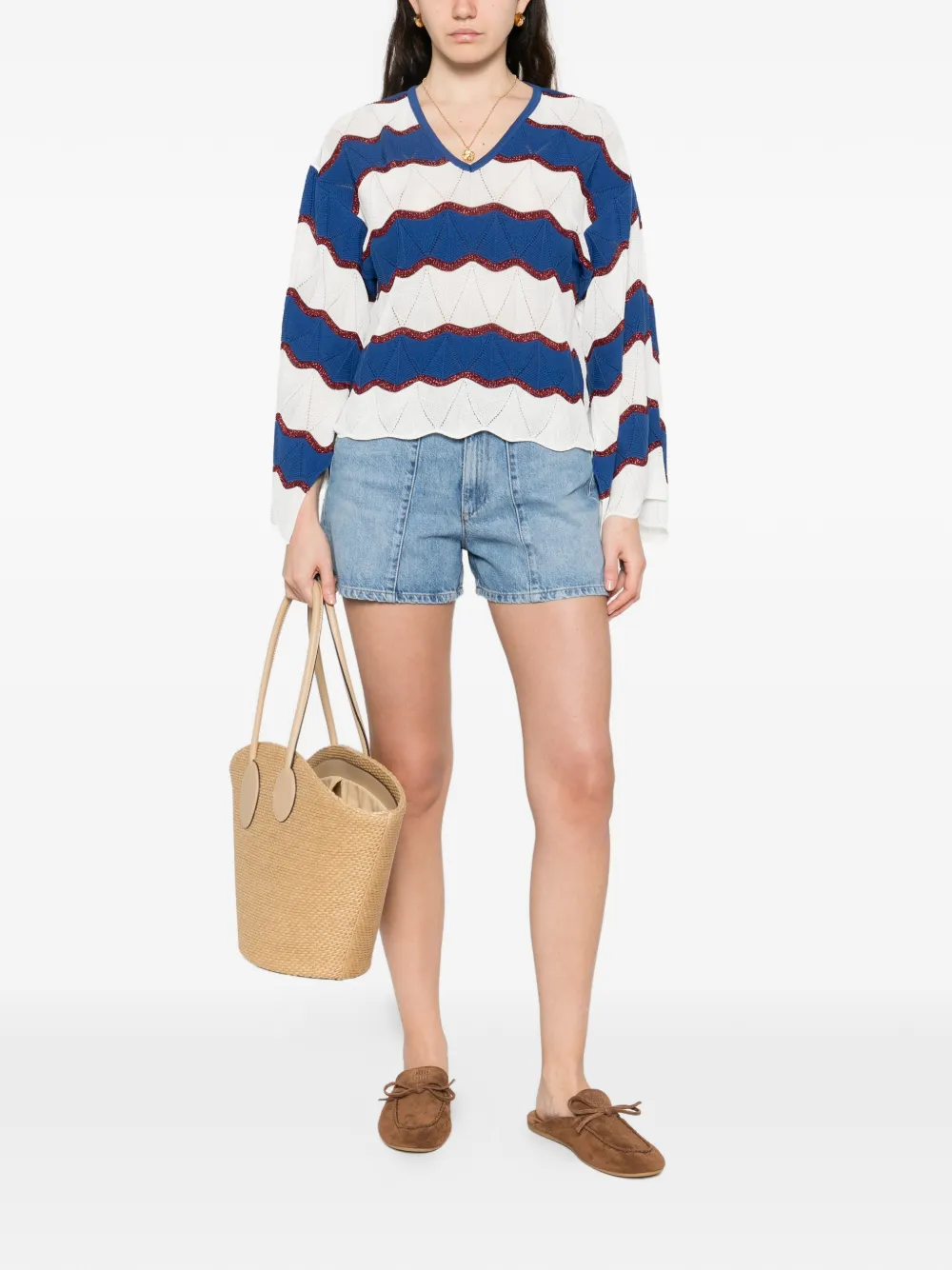  La Doublej Wave-pattern V-neck Sweater - White 